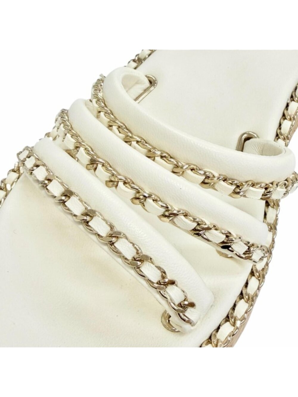 Chanel CC Logo Chain Strap Cork Sole Leather Sandals Ivory 38 Recommended - Picture 8 of 11